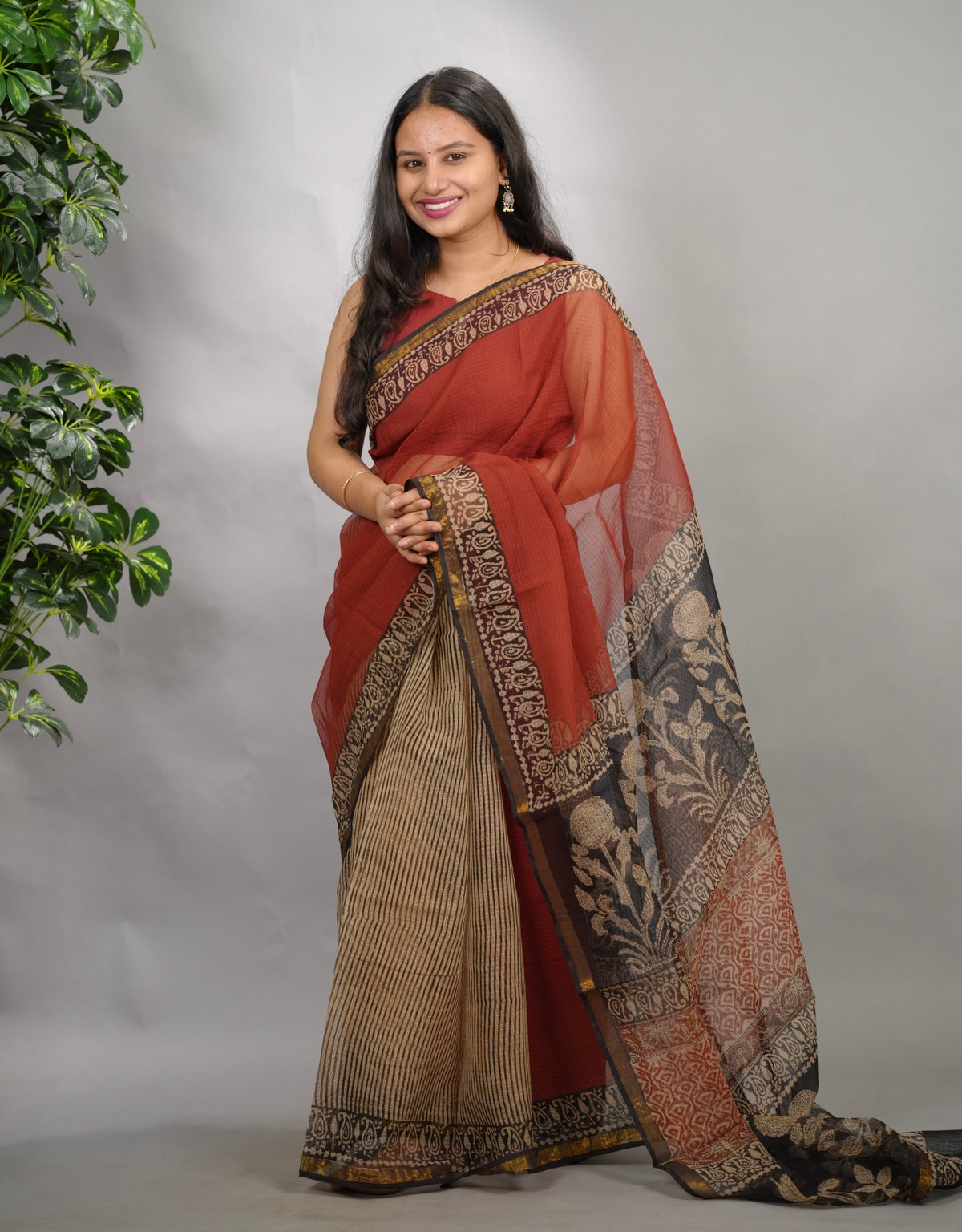 Maroon Pure Kota Doria Saree with Bagru Handblock Prints