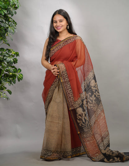 Maroon Pure Kota Doria Saree with Bagru Handblock Prints
