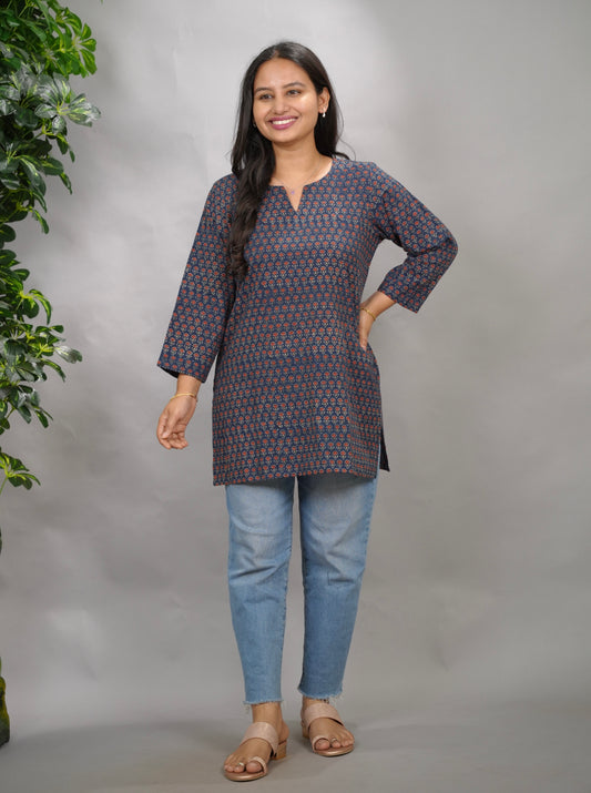 Indigo Ajrakh Hand Block Printed Short Top | Looms & Tassels