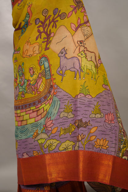 Yellow Hand Drawn Pen Kalamkari  Bangalore Silk Kanchi Border Saree | Looms & Tassels