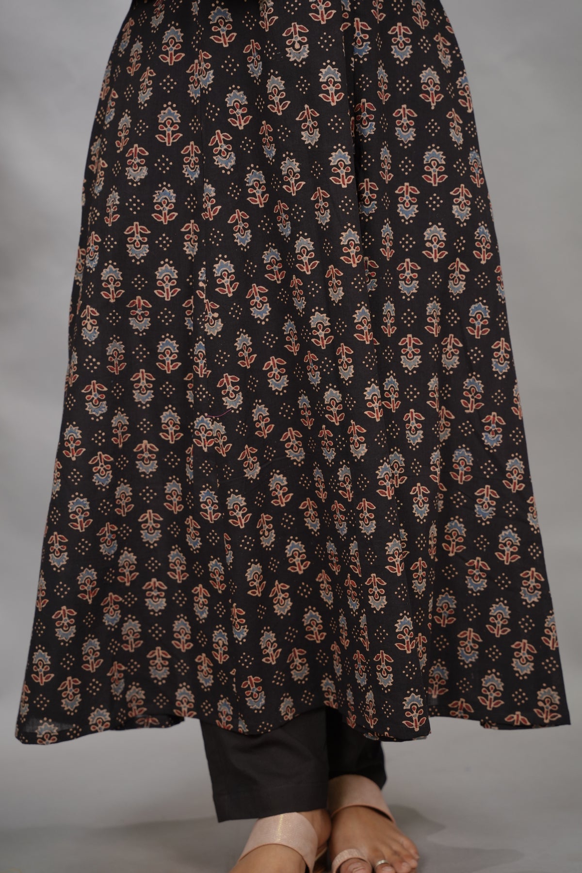 Black Ajrakh Handblock Printed Kali Kurta with Chudi Sleeves