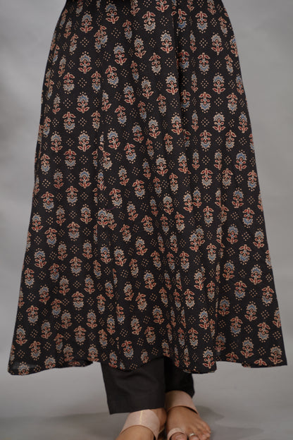 Black Ajrakh Handblock Printed Kali Kurta with Chudi Sleeves