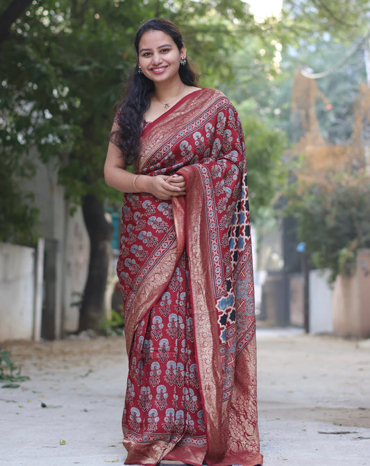 Traditional Ajrakh Handblock Printed Dola Silk Saree