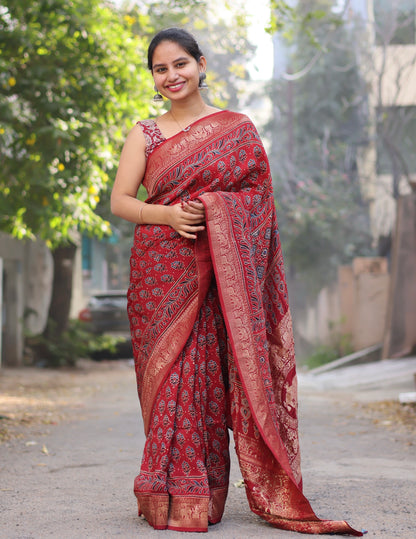 Red Ajrakh Dola Silk Saree