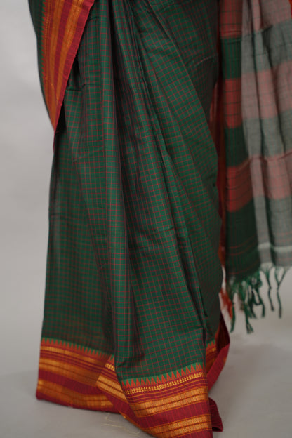 Bottle Green Checks Narayanpet Cotton Saree with Traditional contrast Border | Looms & Tassels
