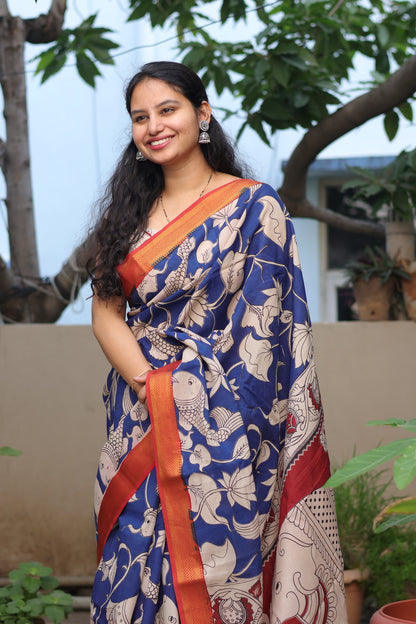 Blue Floral & Fish Kalamkari Silk Handcrafted Nizam Border Saree
