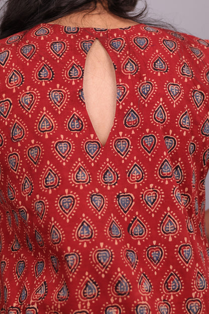 Red Ajrakh Handblock Printed A-Line Cotton Kurti – Elegant & Comfortable Ethnic Wear | Looms & Tassels