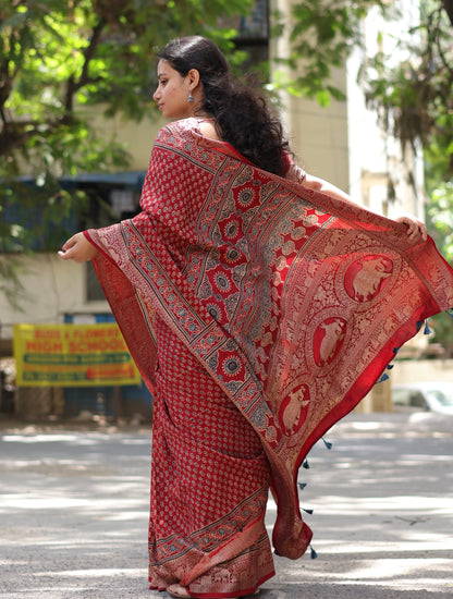 Flower Butta Ajrakh Dola Silk Saree