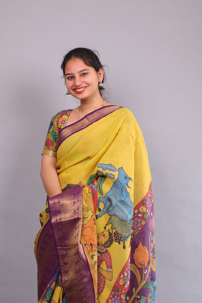 Yellow Hand Painted Pen Kalamkari Silk Saree