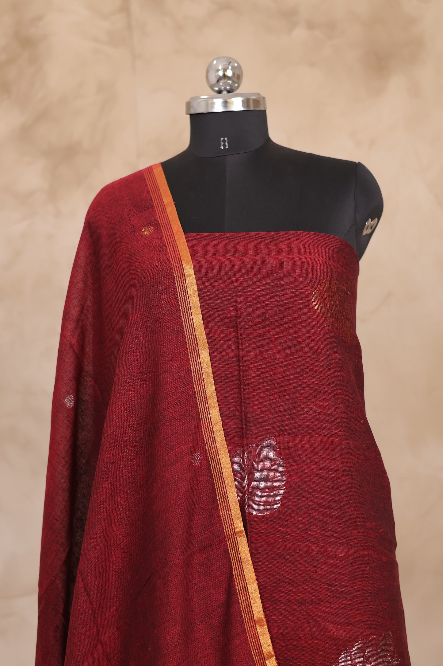 Rust Handwoven Jamdhani weaving pure Linen 2 piece suit sets | Looms & Tassels