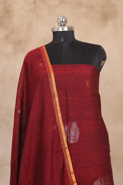 Rust Handwoven Jamdhani weaving pure Linen 2 piece suit sets | Looms & Tassels