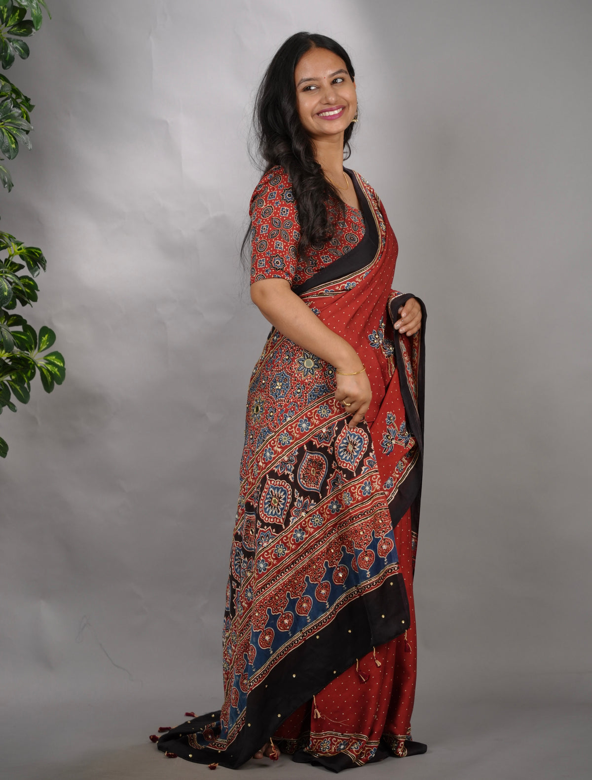 Maroon Ajrakh Modal Silk Hand Embroidery Saree  | Looms & Tassels