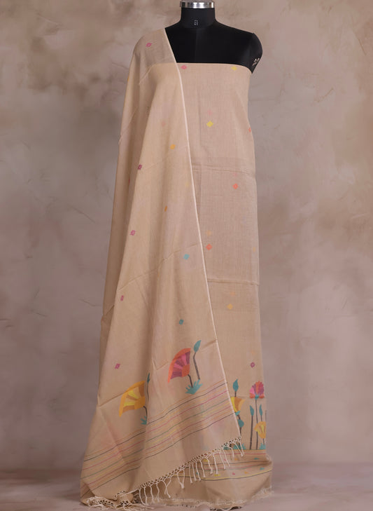 Cream Handwoven Jamdhani weaving pure Malai cotton 2 piece suit sets | Looms & Tassels