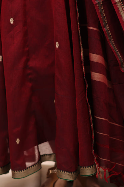 Maroon Ajrakh Patch Work Narayanpet Cotton Anarkali Dress with Narayanpet Dupatta | Looms & Tassels