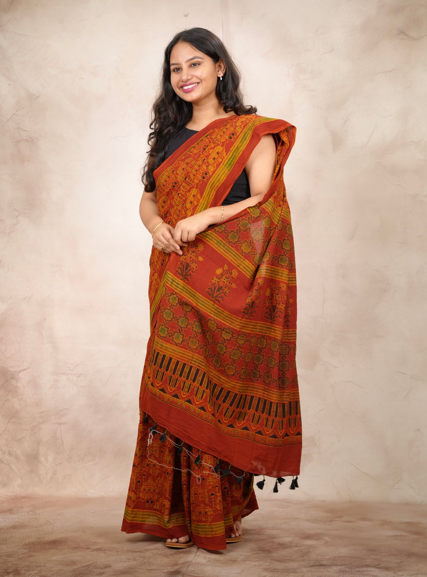 Ajrakh Hand Block Printed Cotton Saree | Looms & Tassels