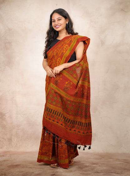 Ajrakh Hand Block Printed Cotton Saree | Looms & Tassels