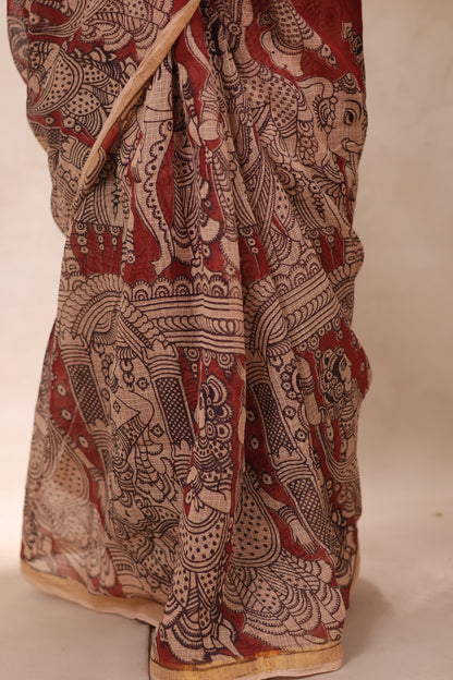 Maroon Kota Doria Saree with Kalamkari Handblock Prints | Looms & Tassels