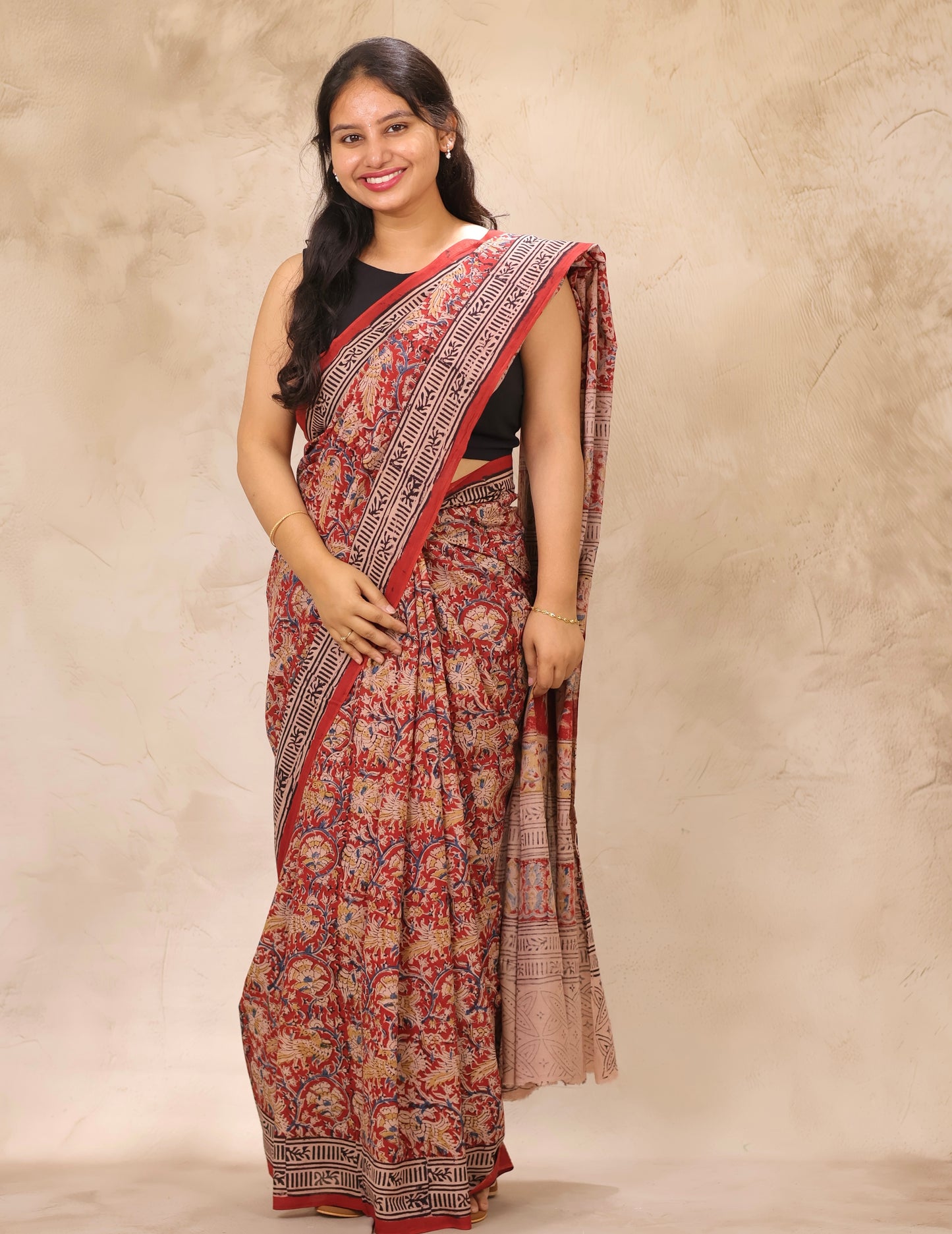 Maroon Hand Block Printed Kalamkari Cotton Saree | Looms & Tassels
