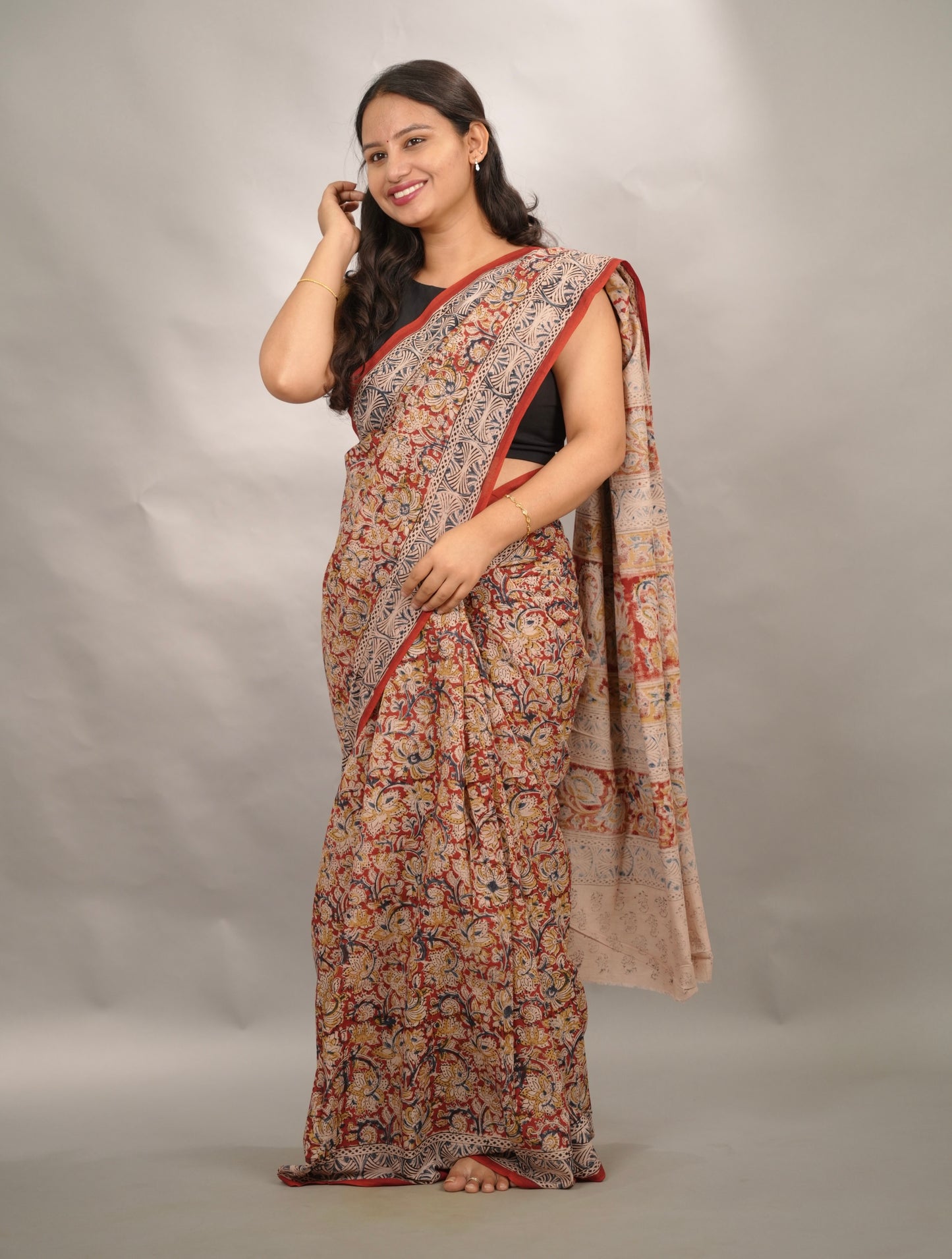 Red Hand Block Printed Kalamkari Cotton Saree | Looms & Tassels