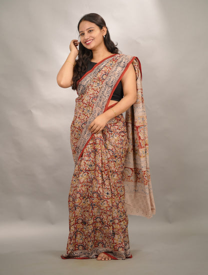 Red Hand Block Printed Kalamkari Cotton Saree | Looms & Tassels