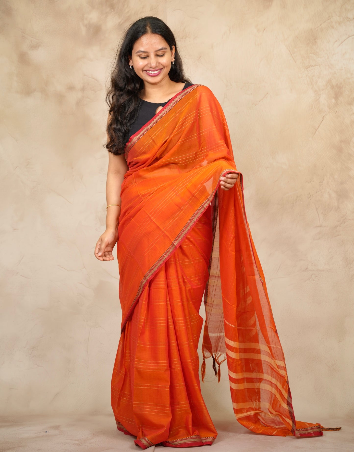 Orange Narayanpet Cotton Saree lines weaving | Looms & Tassels