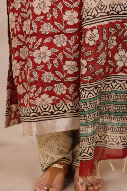 Maroon Linen Cotton Handblock printed 3 piece suit (stitched)