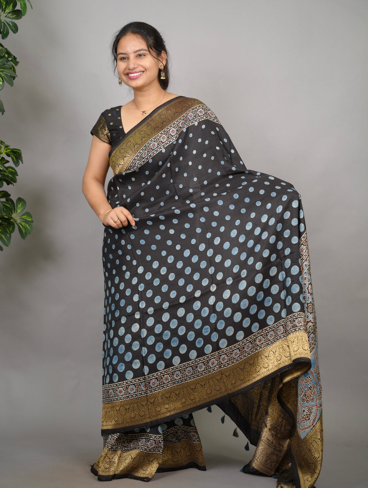 Ajrakh Dola Silk Saree - Black | Looms & Tassels