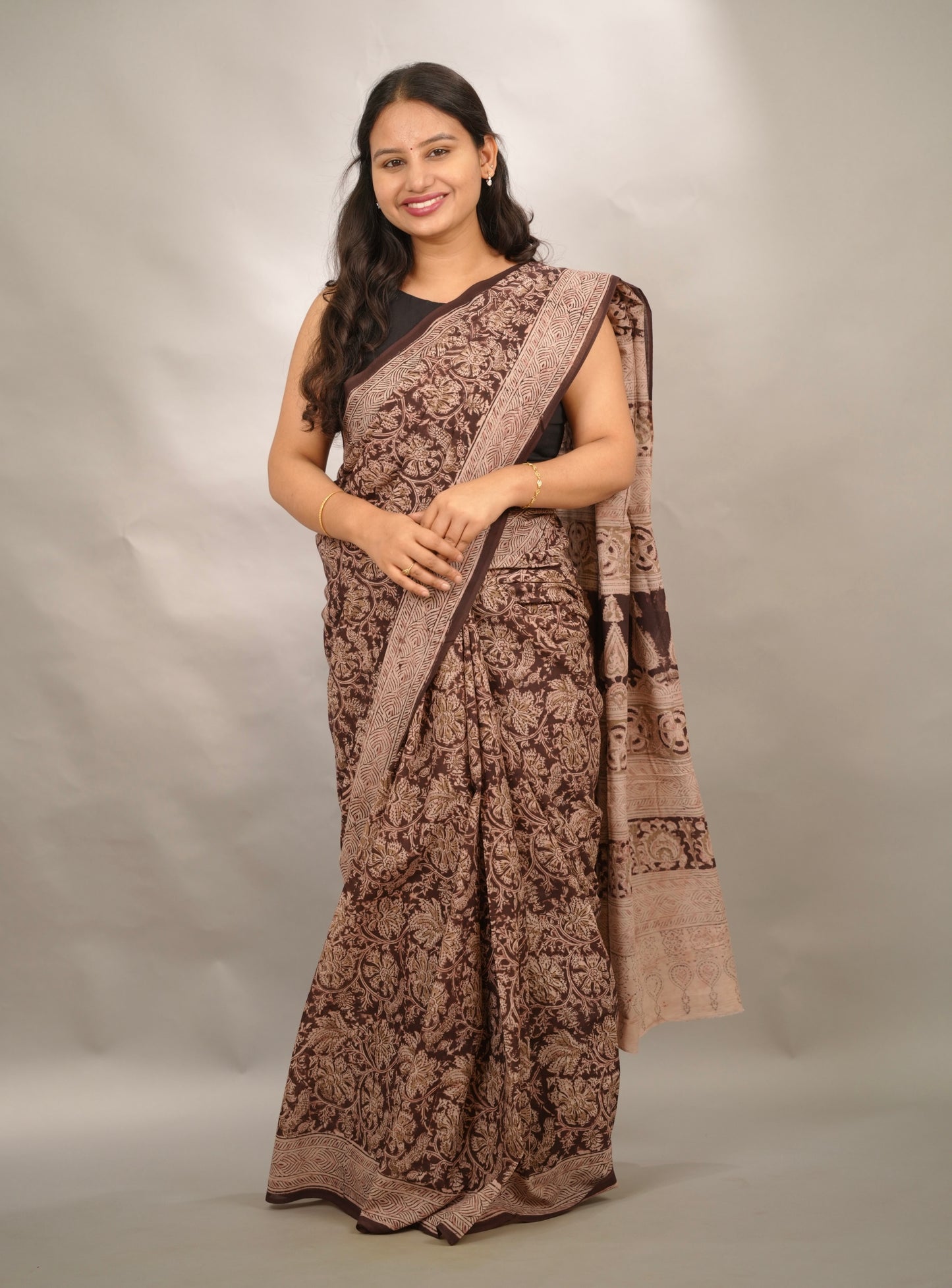 Maroon Hand Block Printed Kalamkari Cotton Saree | Looms & Tassels