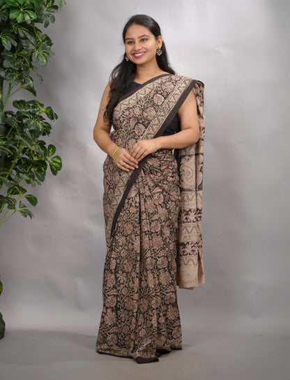 Light Black Hand Block Printed Kalamkari Cotton Saree | Looms & Tassels