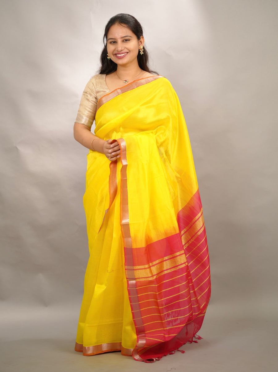 Yellow & Pink Handloom Mangalagiri Silk Saree| Looms & Tassels
