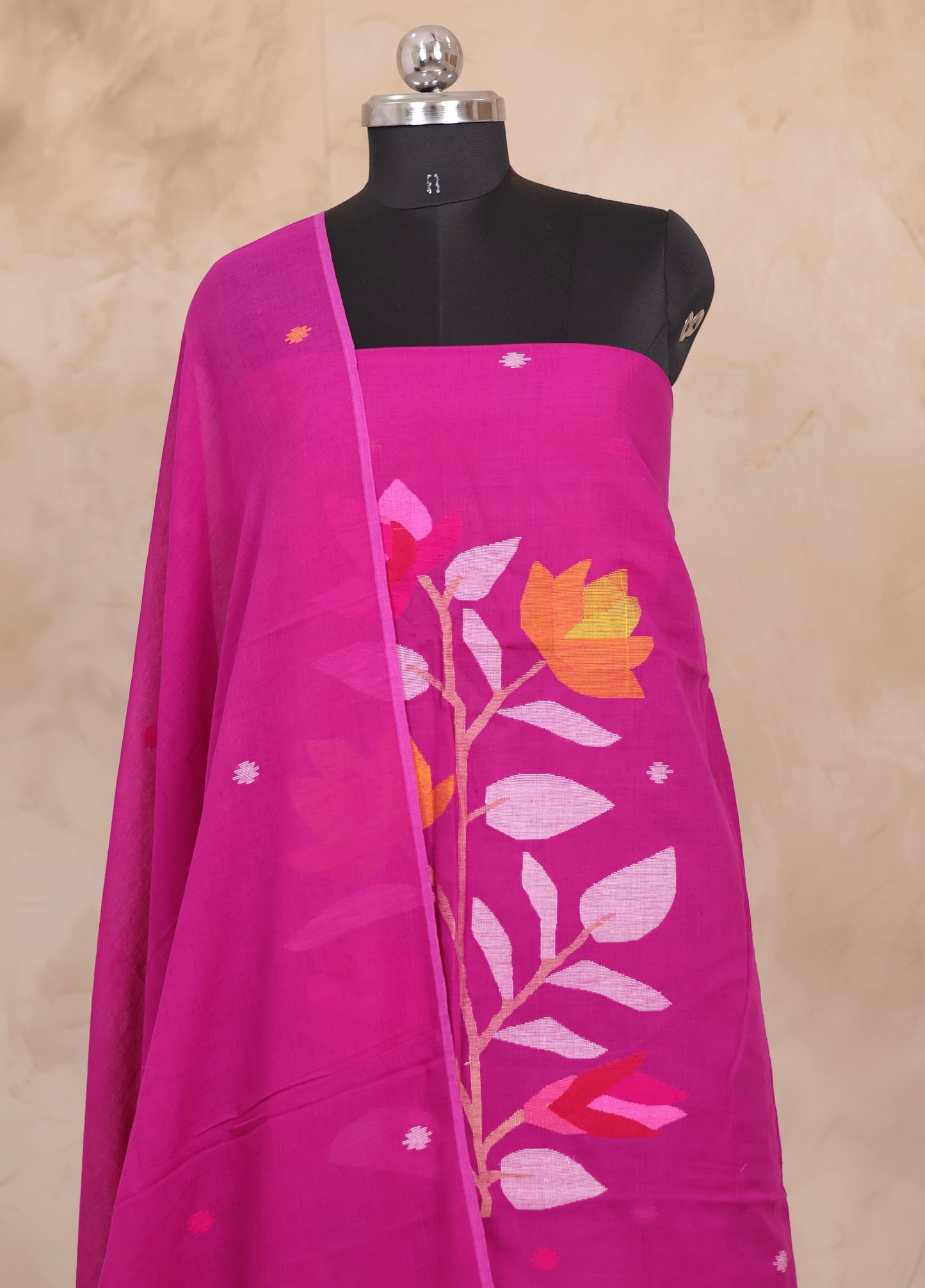 Magenta Handwoven Jamdhani weaving pure Malai cotton 2 piece suit sets | Looms & Tassels