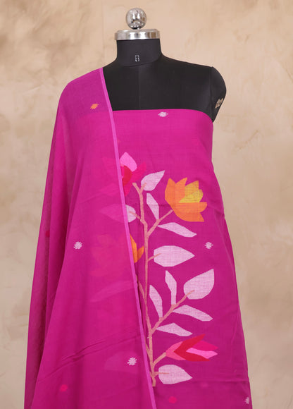 Magenta Handwoven Jamdhani weaving pure Malai cotton 2 piece suit sets | Looms & Tassels