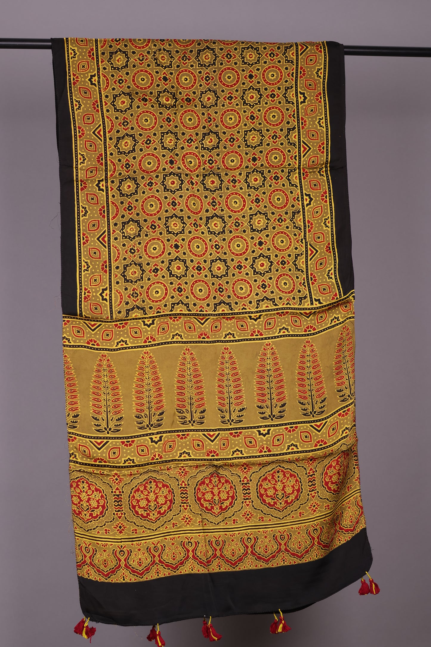 Mustard Ajrakh Hand Block Printed Modal Silk Stole | Looms & Tassels