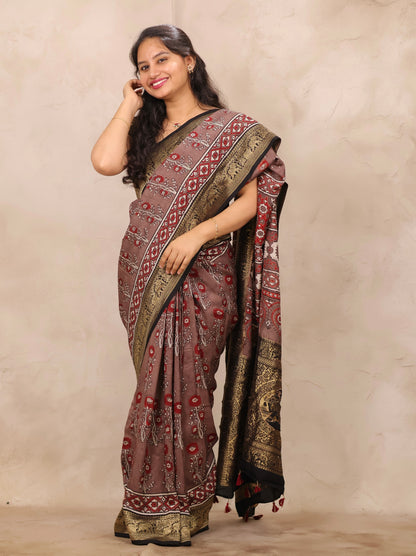 Dusty Brown Ajrakh Handblock printed Dola Silk Saree | Looms & Tassels