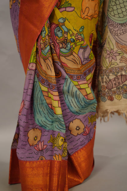Yellow Hand Drawn Pen Kalamkari  Bangalore Silk Kanchi Border Saree | Looms & Tassels