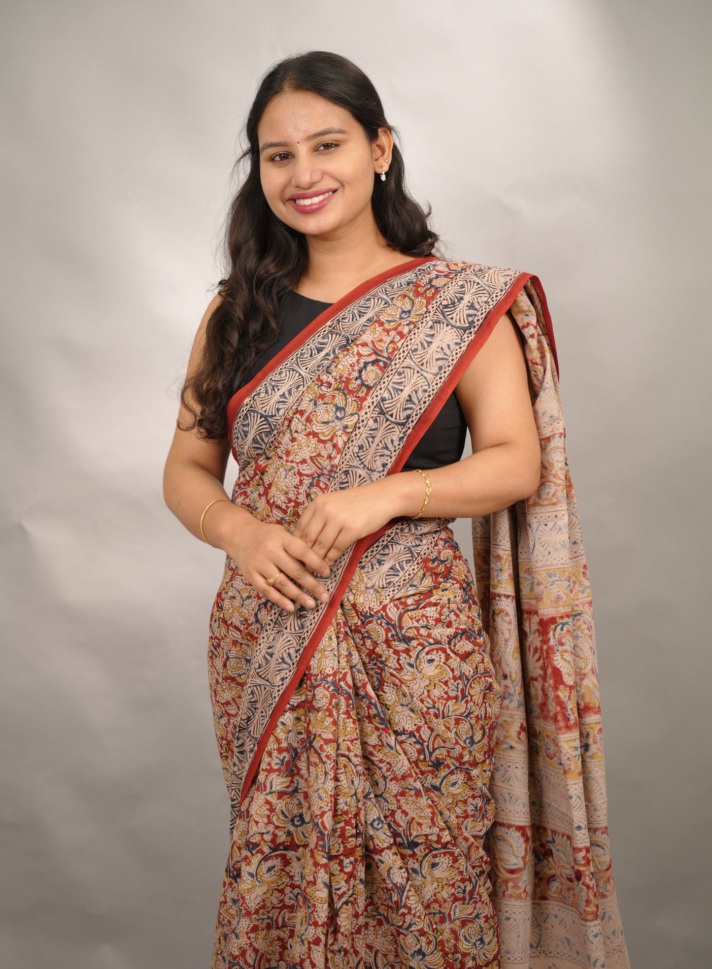 Red Hand Block Printed Kalamkari Cotton Saree | Looms & Tassels