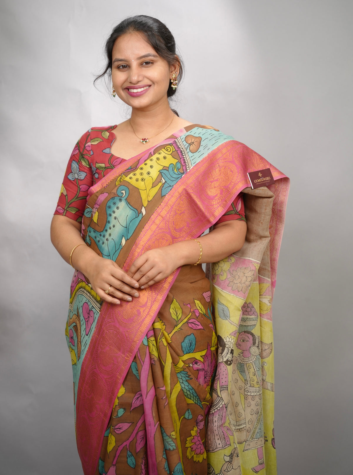 Brown Hand Drawn Pen Kalamkari Bangalore Silk Kanchi Border Saree | Looms & Tassels