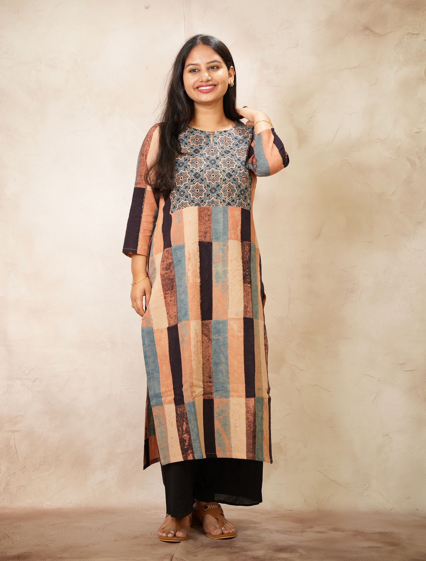 Contemporary Ajrakh Pattern Hand Block printed Kurti | Looms & Tassels