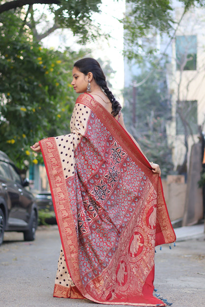 Ajrakh Dola Silk Saree