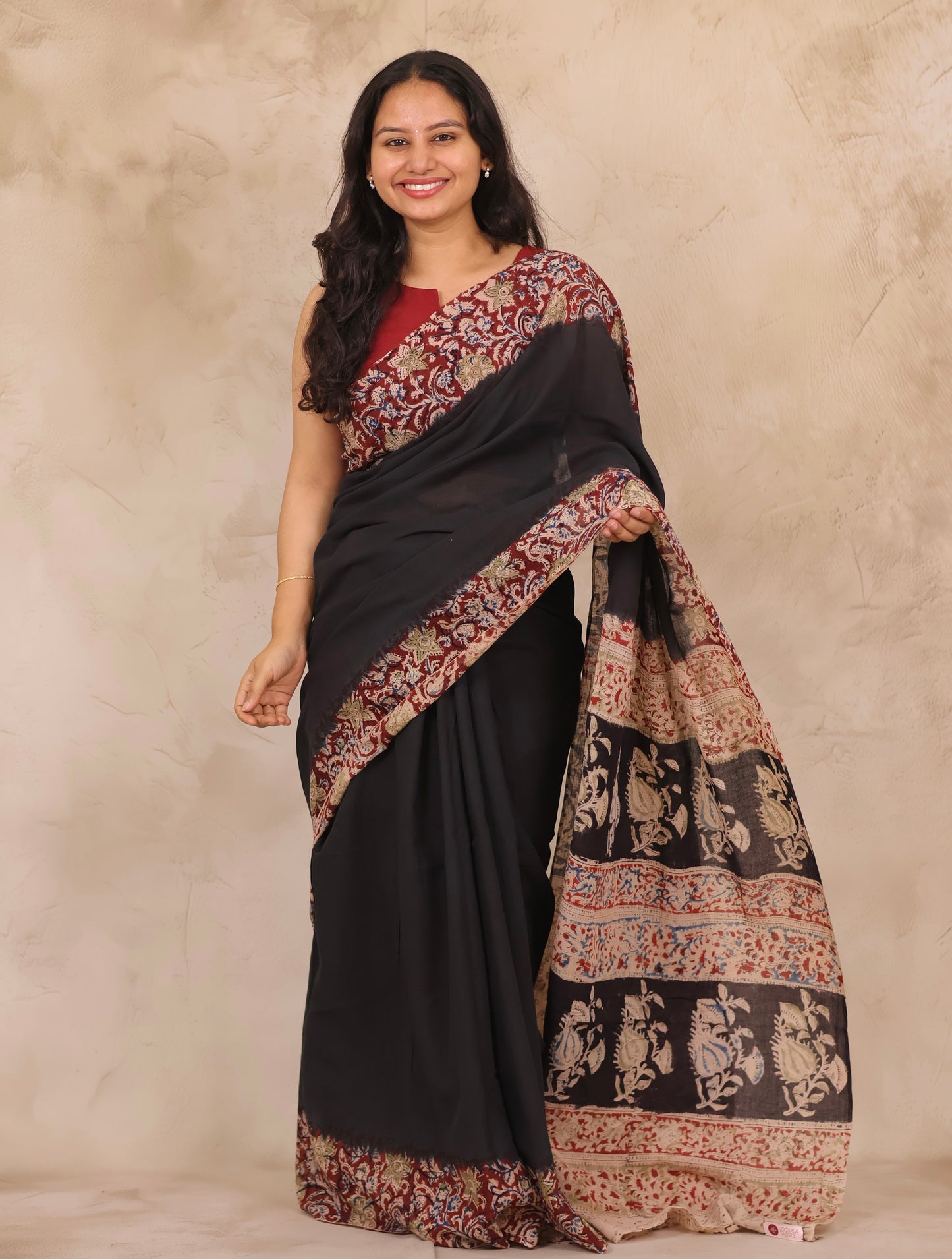 Black Hand Block Printed Kalamkari Cotton Saree | Looms & Tassels