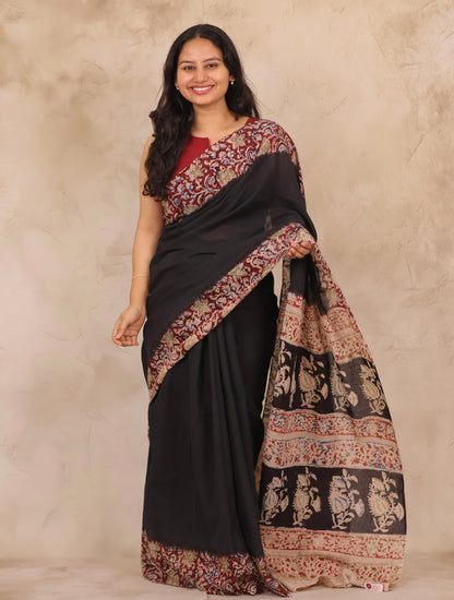 Black Hand Block Printed Kalamkari Cotton Saree | Looms & Tassels