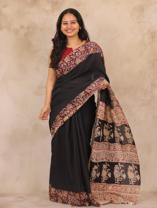 Black Hand Block Printed Kalamkari Cotton Saree | Looms & Tassels