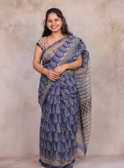 Blue Pure Kota Doria Saree with Bagru Handblock Prints | Looms & Tassels