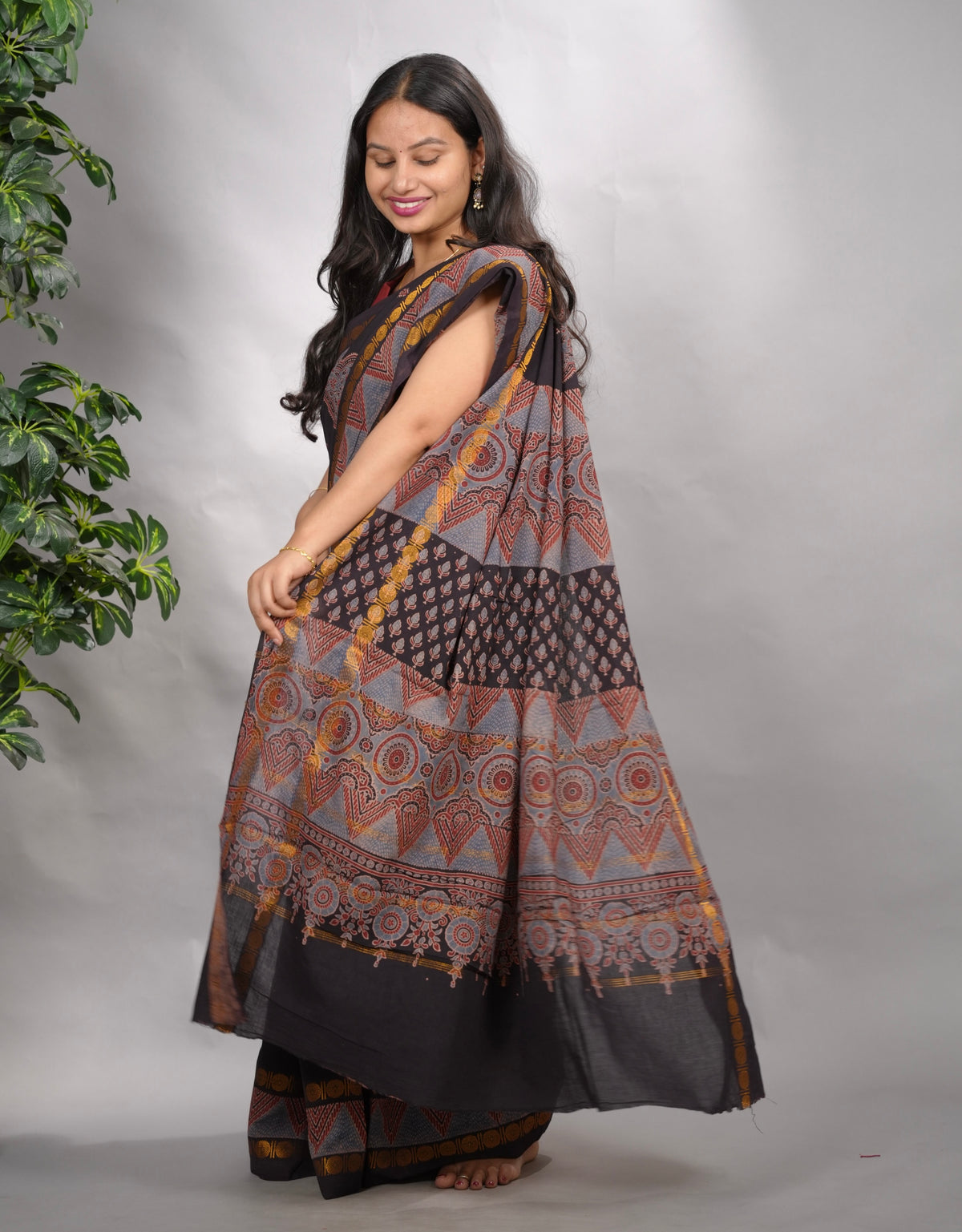 Black Ajrakh Hand Block Printed Sungudi Cotton Saree | Looms & Tassels