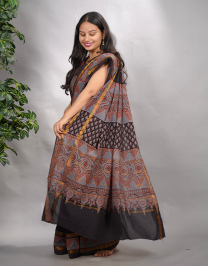 Black Ajrakh Hand Block Printed Sungudi Cotton Saree | Looms & Tassels