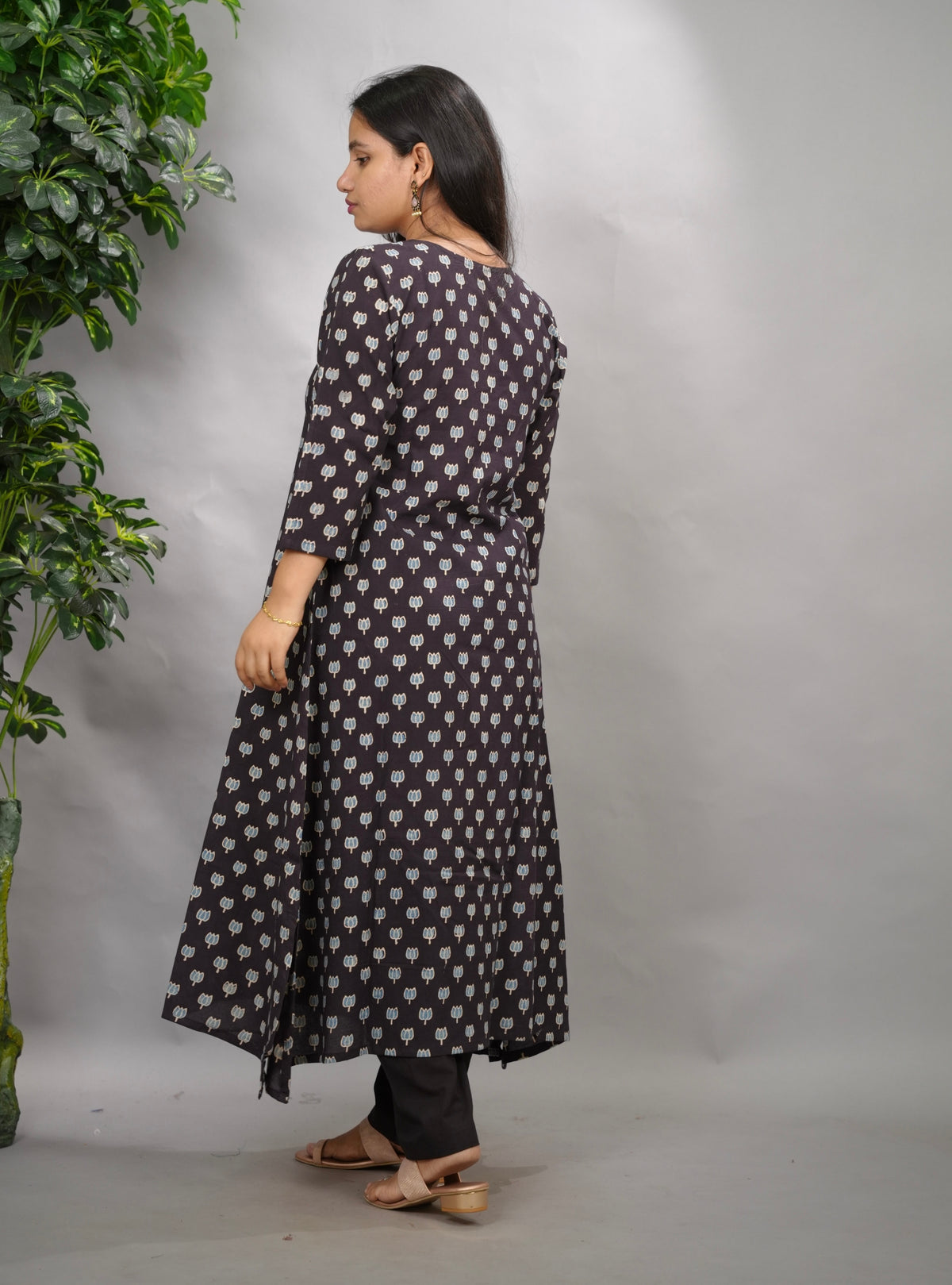 Black Ajrakh Pattern Hand Block printed Aline Kurti | Looms & Tassels
