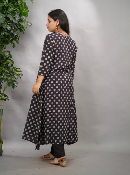Black Ajrakh Pattern Hand Block printed Aline Kurti | Looms & Tassels