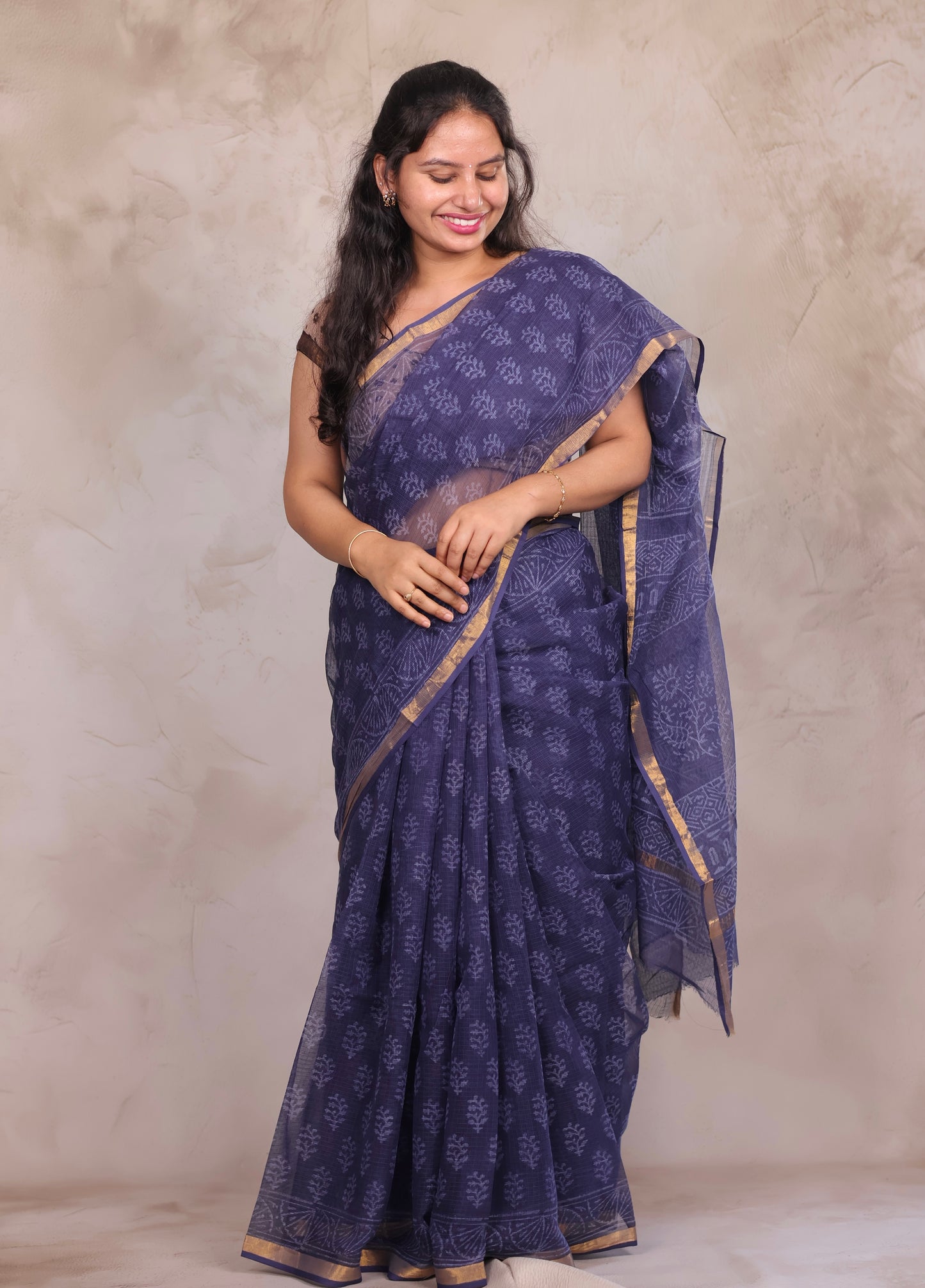 Blue Pure Kota Doria Saree with Bagru Handblock Prints | Looms & Tassels