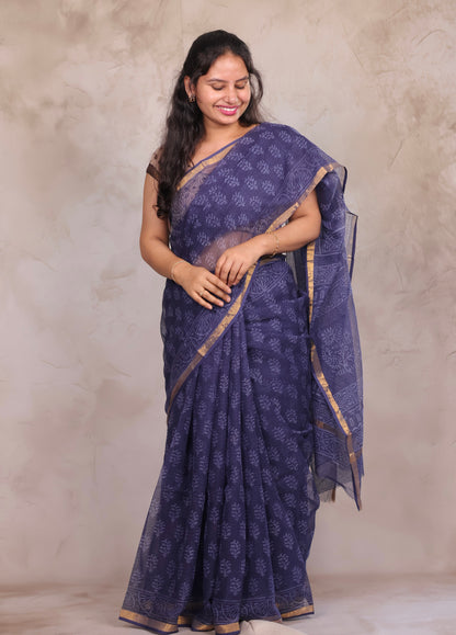 Blue Pure Kota Doria Saree with Bagru Handblock Prints | Looms & Tassels
