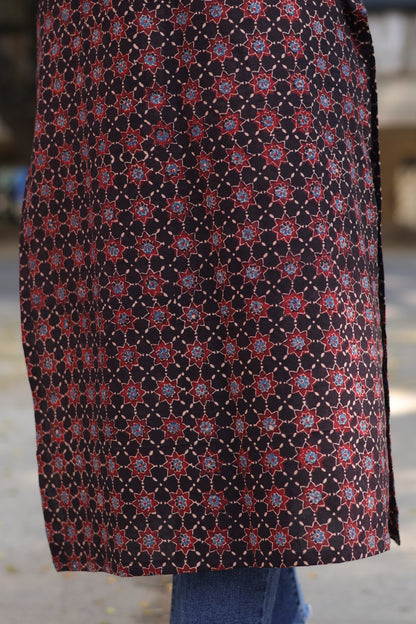 Black & Maroon Ajrakh Hand Block Printed Kurti